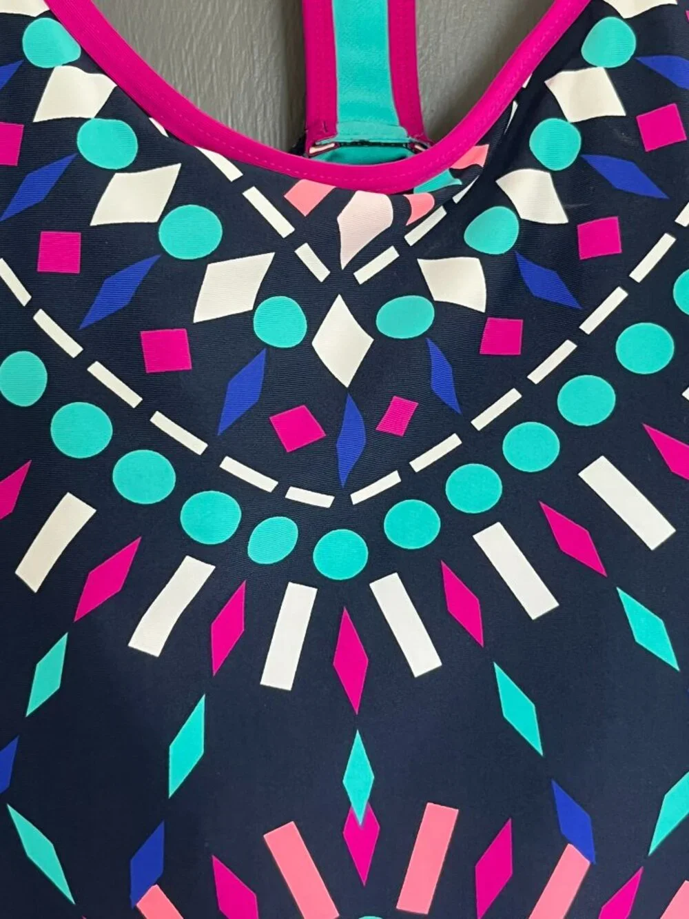 Title Nine Geometric Tankini Swim Top Size Medium M Navy Blue Pink Racerback